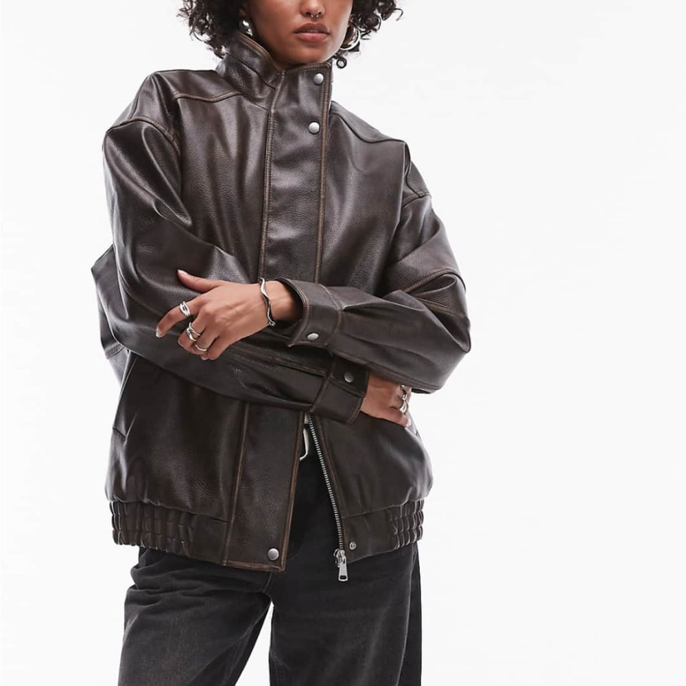 SOLD top shop faux leather oversized bomber jacket with borg lining